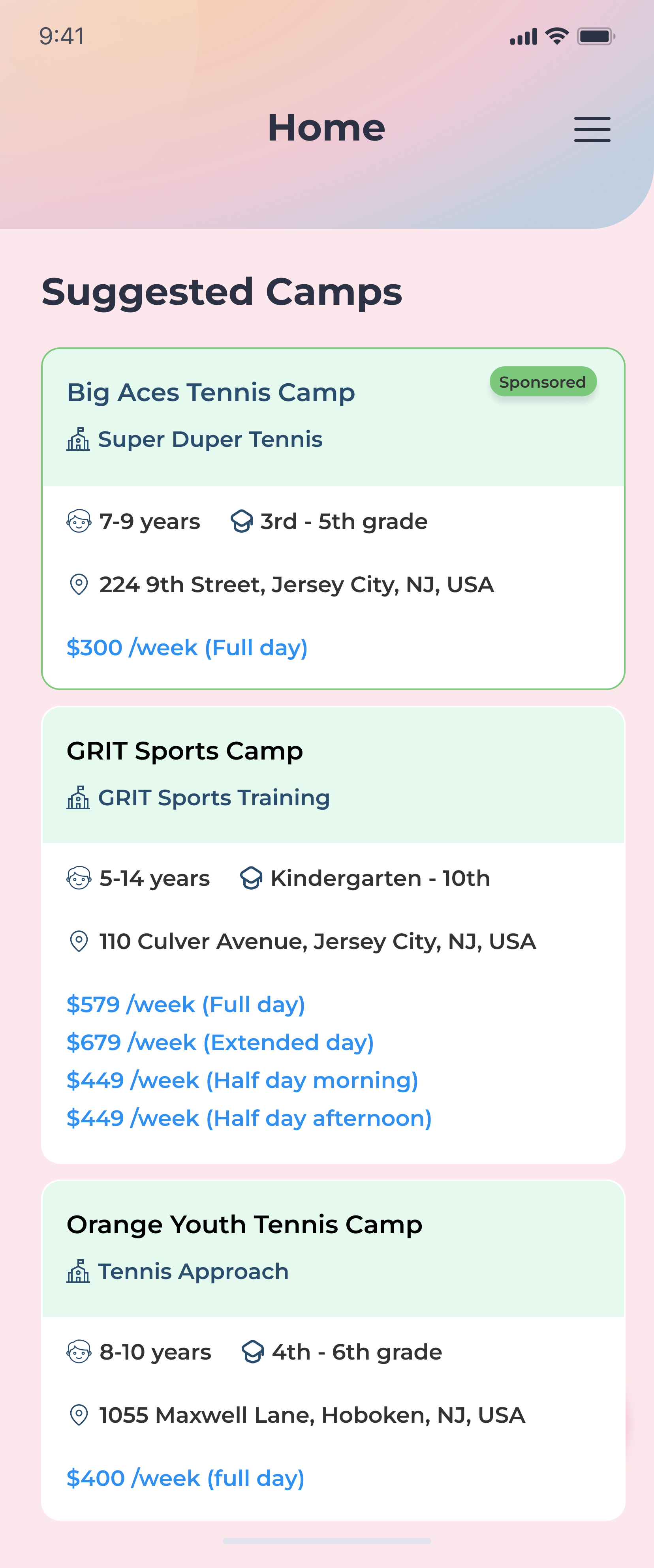 KidZoo Camp - Home Screen with Recommended Camps
